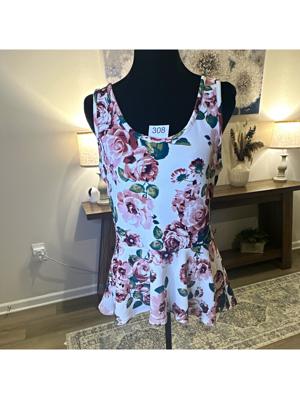 Say Anything Women's L White Pink Floral Scoop Neck Peplum Tank Top